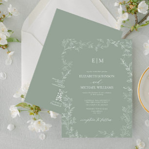 QR Elegant Löv Sage Grönt Monogram Bröllop Inbjudningar