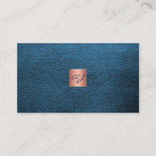 QR elegant lyx blå läder roséguld monogram Visitkort
