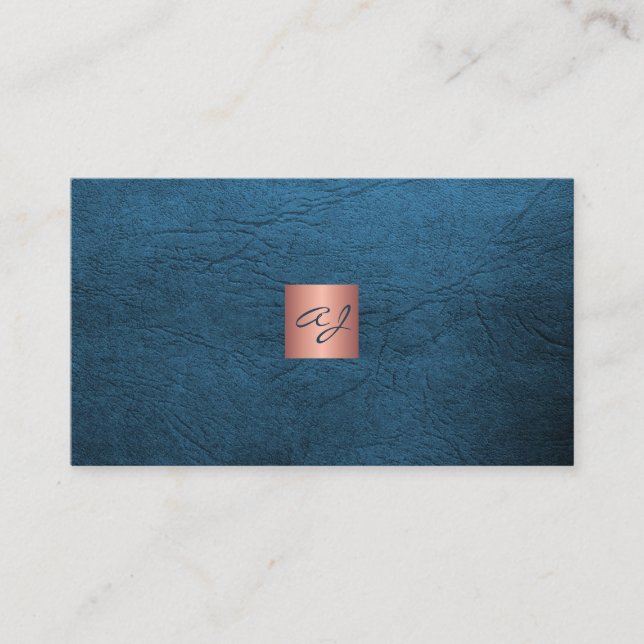 QR elegant lyx blå läder roséguld monogram  Visitkort (Framsida)