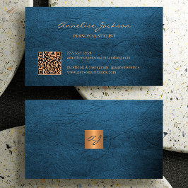 QR elegant lyxblått läder guld monogram Visitkort