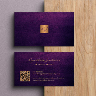 QR elegant lyxur lila läder guld monogram Visitkort