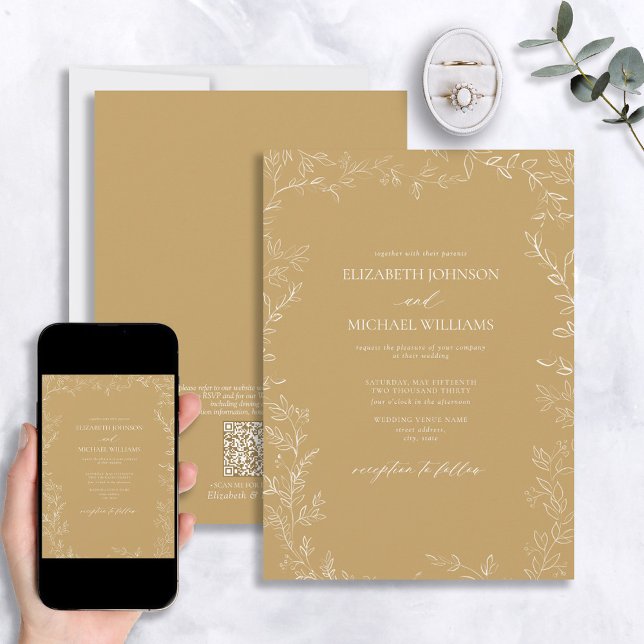 QR-Elegant Modern Guld minimal Löv Bröllop Inbjudningar (Skapare uppladdad)