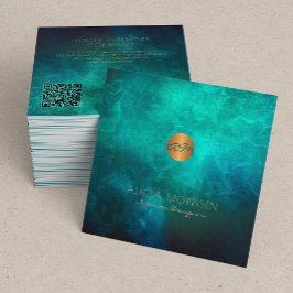 QR-elegant mörk grönt vattenfärgsmonogrammet Fyrkantigt Visitkort