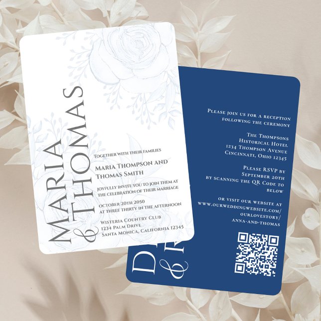 QR-Elegant OSA Online Dusty Blue-Blommigt Inbjudningar (Elegant blue floral wedding invitation with a modern typography and QR Code. )