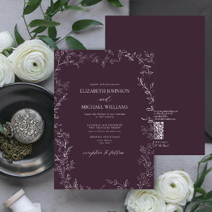 QR Elegant Plum Lila Minimal Löv Bröllop Inbjudningar