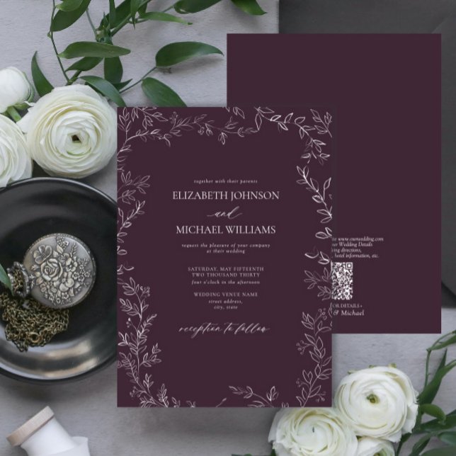 QR Elegant Plum Lila Minimal Löv Bröllop Inbjudningar (Skapare uppladdad)
