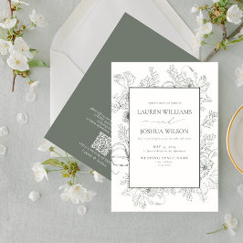 QR Elegant Sage Grönt Blommigt Line Art Bröllop Inbjudningar