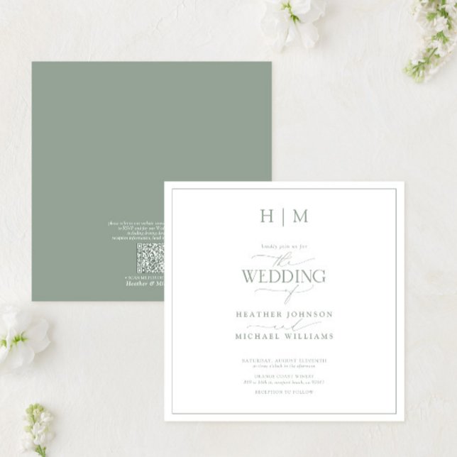 QR Elegant Sage Grönt Calligraphy Monogram Inbjudningar (Skapare uppladdad)