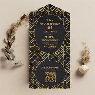 QR-Eleganten Black och Guld Art Deco Bröllop