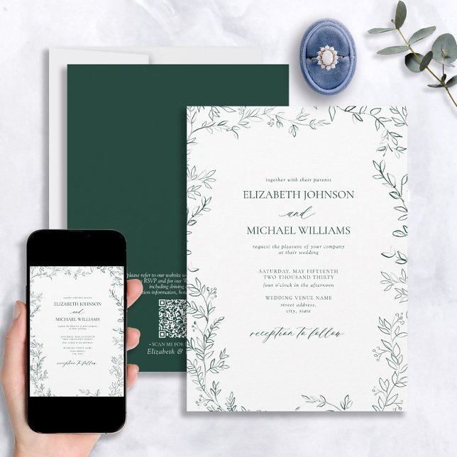 QR-Eleganten Minimal Löv Emerald Grönt Bröllop Inbjudningar (Skapare uppladdad)