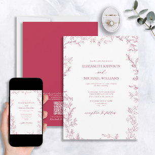 QR-Eleganten Minimal Löv Vivid Magenta Bröllop Inbjudningar