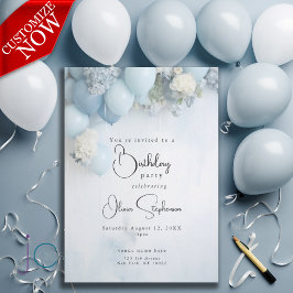 QR Festiv Dammig Blå Vita Blommor och Ballonger Inbjudningar