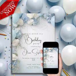 QR Festiv himmelblå vita blommor och ballonger Inbjudningar