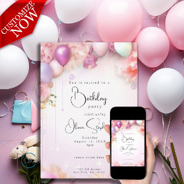 QR Födelsedag Rosa och Lila Blommiga Ballonger Inbjudningar