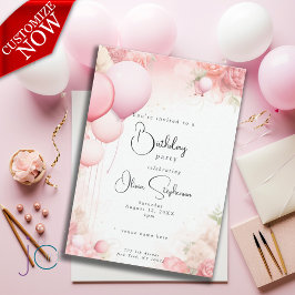 QR Födelsedag Vattenfärg Shabby Chic Rosa Inbjudningar