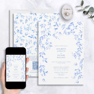 QR Fransk Blue Blommigt Botanical Bröllop Inbjudningar