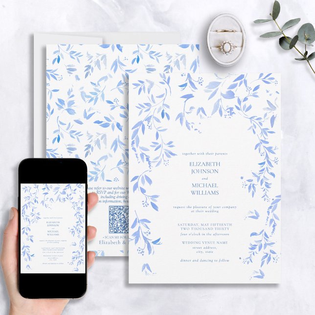 QR Fransk Blue Blommigt Botanical Bröllop Inbjudningar (Skapare uppladdad)