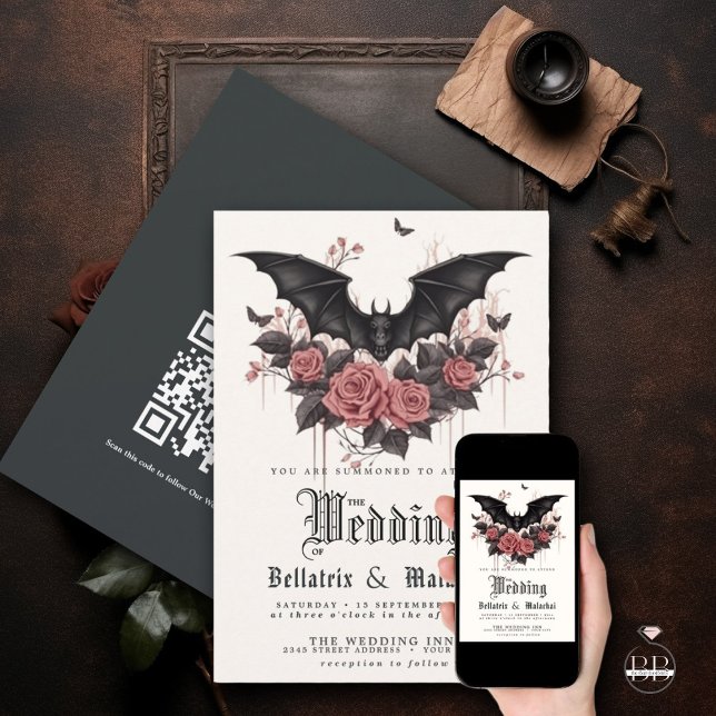 QR Goth Rosewood Ro Black Fladdermus Bouquet Inbjudningar (Skapare uppladdad)