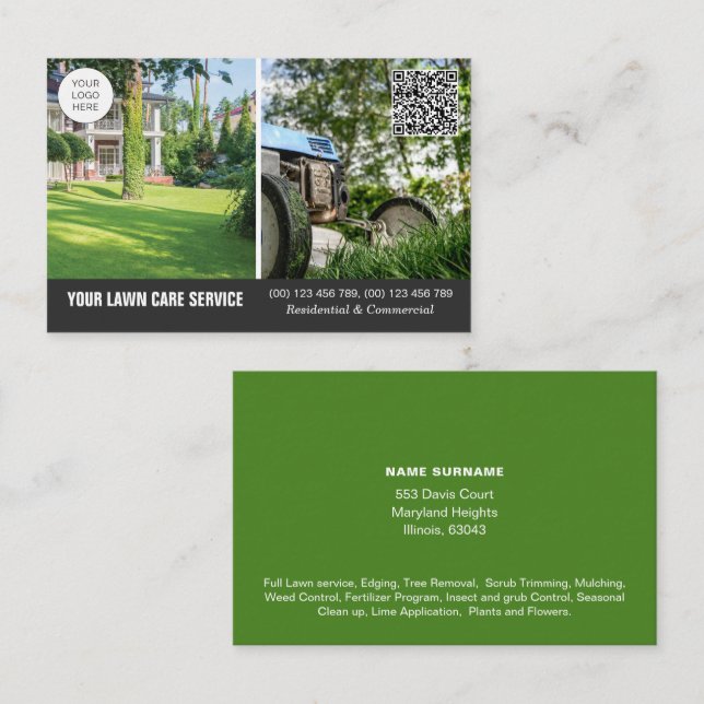 QR Gräsmatta Care-affärskort med foton Visitkort (Fram/baksida)