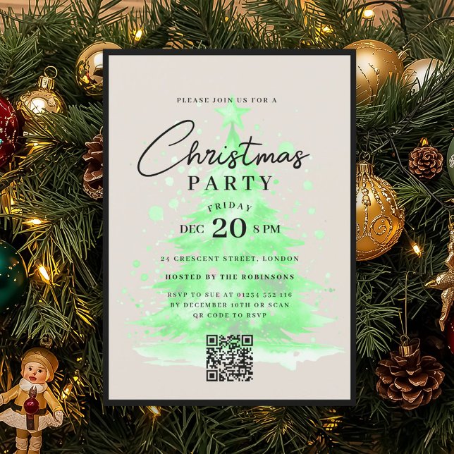 QR Green Christmas Tree Christmas Party Inbjudningar (QR Green Christmas Tree Christmas Party Invitation)