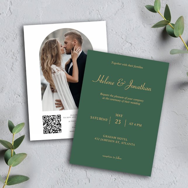 QR-Grönt - minimalt Modern Elegant bröllop Inbjudningar (Sage Green QR Code Photo Wedding Invitation)