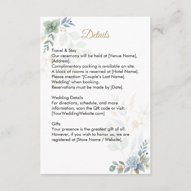 QR-Grönt Sage Blommigt Watercolor Bröllop Tilläggskort (Framsida)