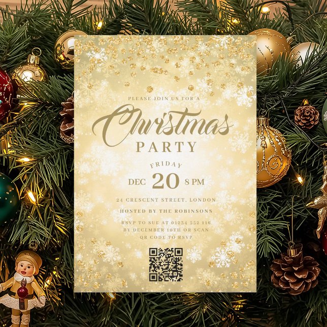 QR Guld Vinter Diamanter Glitter Julfest Inbjudningar (QR Gold Winter Diamonds Glitter Christmas Party Invitation)