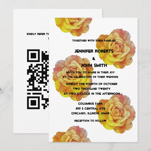 QR Gult Orange Blommigt Ro Boho Bröllop Inbjudningar (Fram/baksida)