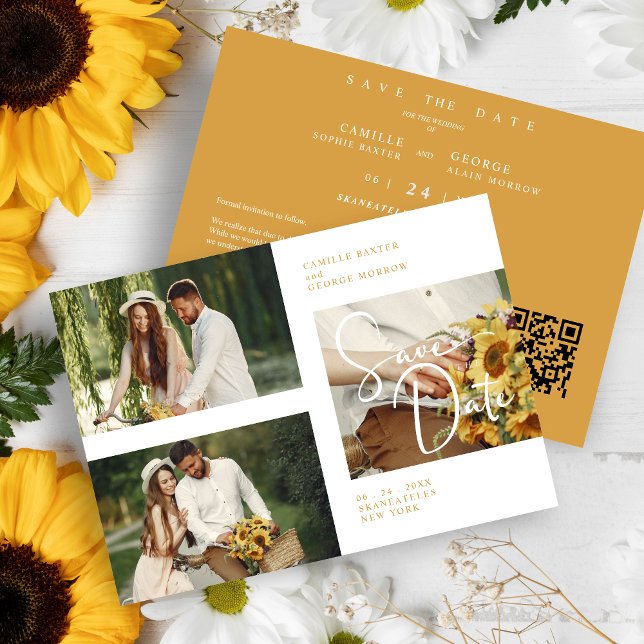 QR in Exquisite Minimalist Custom 3-Photo Wedding Spara Datumet (QR Code in a Exquisite Minimalist Custom 3-Photo Wedding Save the Date Card.)