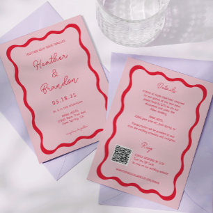 QR-inbjudningar för Retro Rosa och Red Wave Bröllo Inbjudningar
