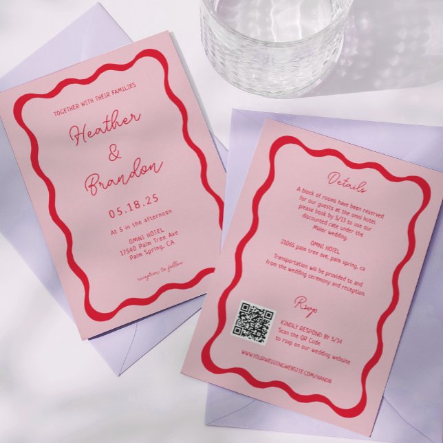 QR-inbjudningar för Retro Rosa och Red Wave Bröllo Inbjudningar (Skapare uppladdad)