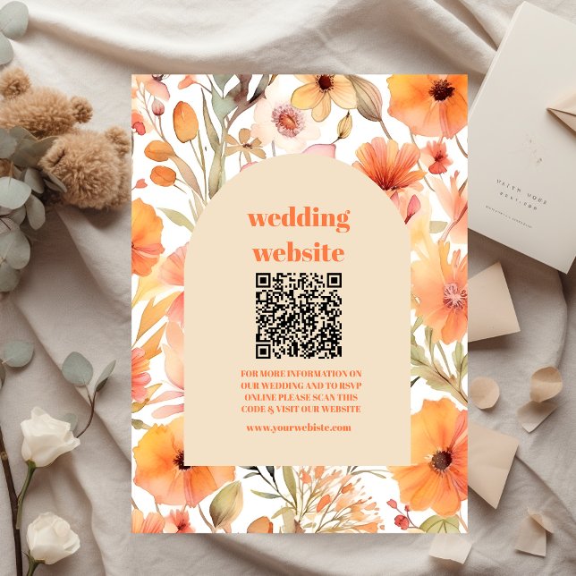 qr-kod Akvarell Rosa Orange Vilda Blommor Bröllop Tilläggskort (Skapare uppladdad)