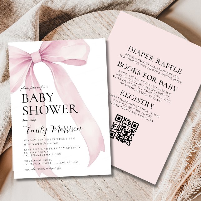 QR-kod allt i en  Rosa Bow Girl Baby Shower Inbjudningar (Skapare uppladdad)
