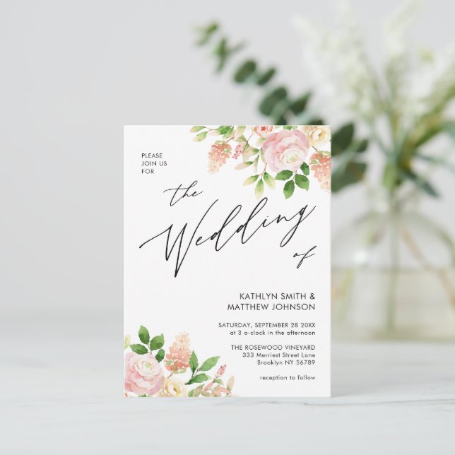 QR-kod allt i en Rosa ros-grey Bröllop Inbjudan Vykort (Stående Fram)