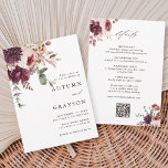 QR-kod allt på en höst Romantik Blommigt Bröllop Inbjudningar<br><div class="desc">Den här bröllopsinbjudan innehåller en vattenfärgad blombukett av dahlia, trädgårdsodling och ro och hydrangea i burgundrött, maron, rosa med uppgifter om bröllop och en länk till QR-kodwebbplatsen på baksidan. Om du vill ha en mer avancerad anpassning av den här designen klickar du på BLUE DESIGN VERKTYG. Matchande objekt är också...</div>