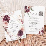 QR-kod allt på en höst Romantik Bröllop Inbjudningar<br><div class="desc">Den här bröllopsinbjudan innehåller en vattenfärgsblomkrans av dahlias, trädgårdsodling och ro och peony i burgundrött, maron och rosa över höst löv med en faux guld diamantform ram och bröllop, QR-kodlänk på baksidan. Om du vill ha en mer avancerad anpassning av den här designen klickar du på BLUE DESIGN VERKTYG. Matchande...</div>