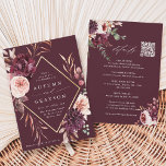 QR-kod allt på en höst Romantik Burgundy Bröllop Inbjudningar<br><div class="desc">Den här bröllopsinbjudan innehåller en vattenfärgsblomkrans av dahlias, trädgårdsodling och ro och peony i burgundrött, maron och rosa över höst löv med en faux guld diamantform ram och bröllop, QR-kodlänk på baksidan. Om du vill ha en mer avancerad anpassning av den här designen klickar du på BLUE DESIGN VERKTYG. Matchande...</div>
