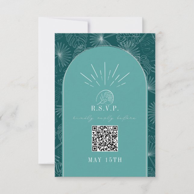 QR-kod Arch Tropical Handflatan Teal Bröllop OSA Kort (Framsida)