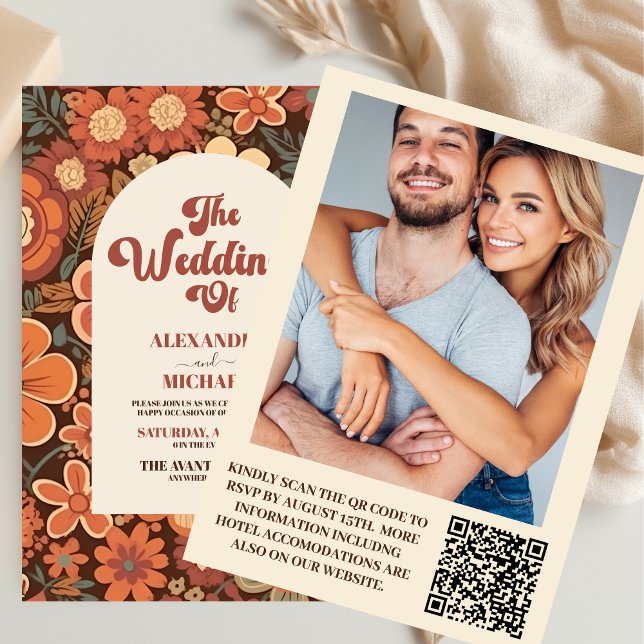 QR-kod Ark Groovy Retro 70-tals Blommig Bröllop Inbjudningar (Skapare uppladdad)