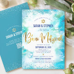 QR-kod B’nai Mitzvah Turquise Watercolor Guld Inbjudningar<br><div class="desc">Var stolt, gladd och visa den här milstolpen av din favorit B'nai Mitzvahs! Skicka ut den här fantastiska, moderna QR-kodsinbjudan för personlig för en händelse att komma ihåg. Skalet "Sparkly guld faux foil calligraphy" och "Star of David", tillsammans med "blue konetti dots", täcker över en grumlig vattenfärgsbakgrund. På baksidan finns...</div>