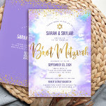QR-kod B’not Mitzvah Lila Watercolor Gold Foil Inbjudningar<br><div class="desc">Var stolt, gladd och visa den här milstolpen av din favorit B'not Mitzvahs! Skicka ut den här fantastiska, moderna QR-kodsinbjudan för personlig för en händelse att komma ihåg. Skalat guld faux faux foil calligraphy script, Star of David, och glitter konetti prickar över en mjuk lila vattenfärgsbakgrund. På baksidan finns ytterligare...</div>