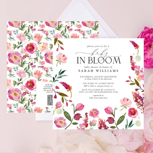 QR-kod Baby i Blommigten BLOMMAT- Inbjudningar (QR Code Baby Shower Invitation)