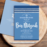 QR-kod Bar Mitzvah Blå Silver Tallit Fet Stilsnitt Inbjudningar<br><div class="desc">Var stolt, gläd dig och visa upp denna milstolpe för din favorit Bar Mitzvah! Skicka ut denna coola, unika, moderna, personliga QR-kod inbjudan till ett evenemang att minnas. Fet, vit script typografi, Davids stjärna och en marinblå och silver glitterrandig tallit inspirerad grafisk överläggning på en enkel, blåklintsblå bakgrund. På baksidan,...</div>