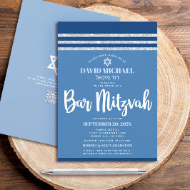 QR-kod Bar Mitzvah Blå Silver Tallit Fet Stilsnitt Inbjudningar