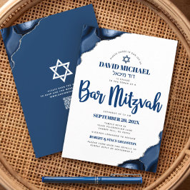 QR-kod Bar Mitzvah Marinblå Agat Skript Modern Inbjudningar