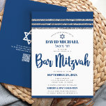 QR-kod Bar Mitzvah Marinblå Silver Tallit Skript Inbjudningar<br><div class="desc">Var stolt, gläd dig och visa upp denna milstolpe för din favorit Bar Mitzvah! Skicka ut denna coola, unika, moderna, personliga QR-kod inbjudan till ett evenemang att minnas. Fet, marinblå script typografi, Davidsstjärna och en marinblå och silver glitterrandig tallit inspirerad grafik över en enkel, vit bakgrund. På baksidan överlagrar en...</div>