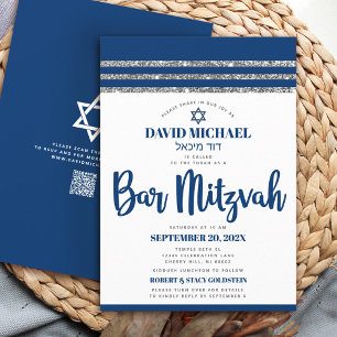 QR-kod Bar Mitzvah Marinblå Silver Tallit Skript Inbjudningar