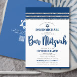 QR-kod Bar Mitzvah Navy Silver Tallit Fet Skrift Inbjudningar<br><div class="desc">Var stolt, gläd dig och visa upp denna milstolpe för din favorit Bar Mitzvah! Skicka ut denna coola, unika, moderna, personliga QR-kod inbjudan till ett evenemang att minnas. Fet, marinblå script typografi, Davids stjärna och en marinblå och silver glitterrandig tallit inspirerad grafik överlagrar en enkel, vit bakgrund. På baksidan överlagrar...</div>