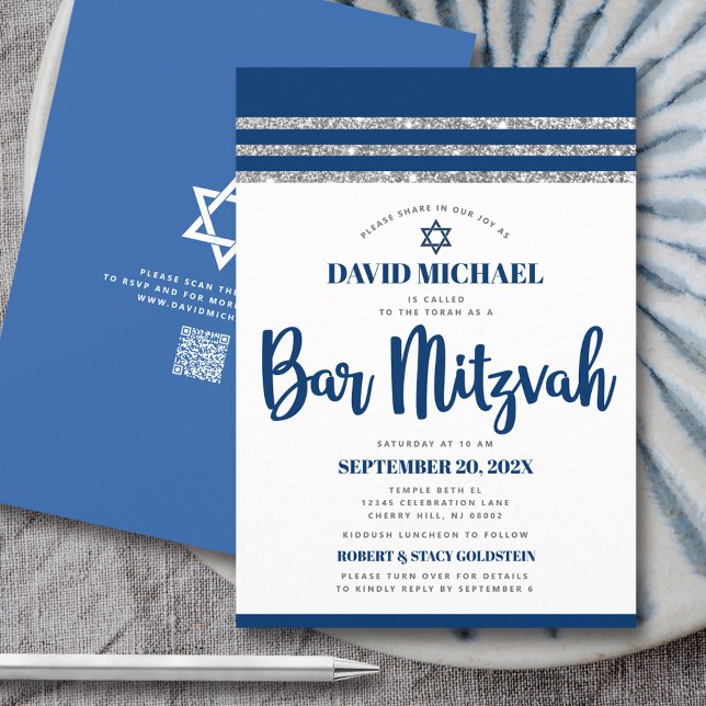QR-kod Bar Mitzvah Navy Silver Tallit Fet Skrift Inbjudningar (Skapare uppladdad)