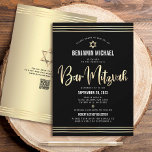 QR-kod Bar Mitzvah Svart Guld Script Tallit Fetsti Inbjudningar<br><div class="desc">Var stolt, jubla och visa upp denna milstolpe för din favorit Bar Mitzvah! Skicka ut denna fantastiska, moderna, sofistikerade, personliga QR-kod inbjudan till ett evenemang att minnas. Grafisk faux guld folie kalligrafi stil, Davidsstjärna, modern vit sans serif typografi och handritade tallit linjer överlagrar en rik, dramatisk, svart bakgrund. På baksidan...</div>